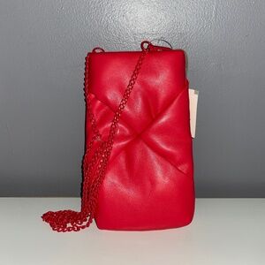 Small TARGET Puffer Faux Leather Crossbody Bag Solid Red Removable Chain Strap